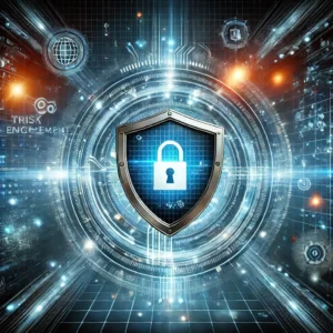 High-tech cybersecurity concept with a digital shield and data protection elements.